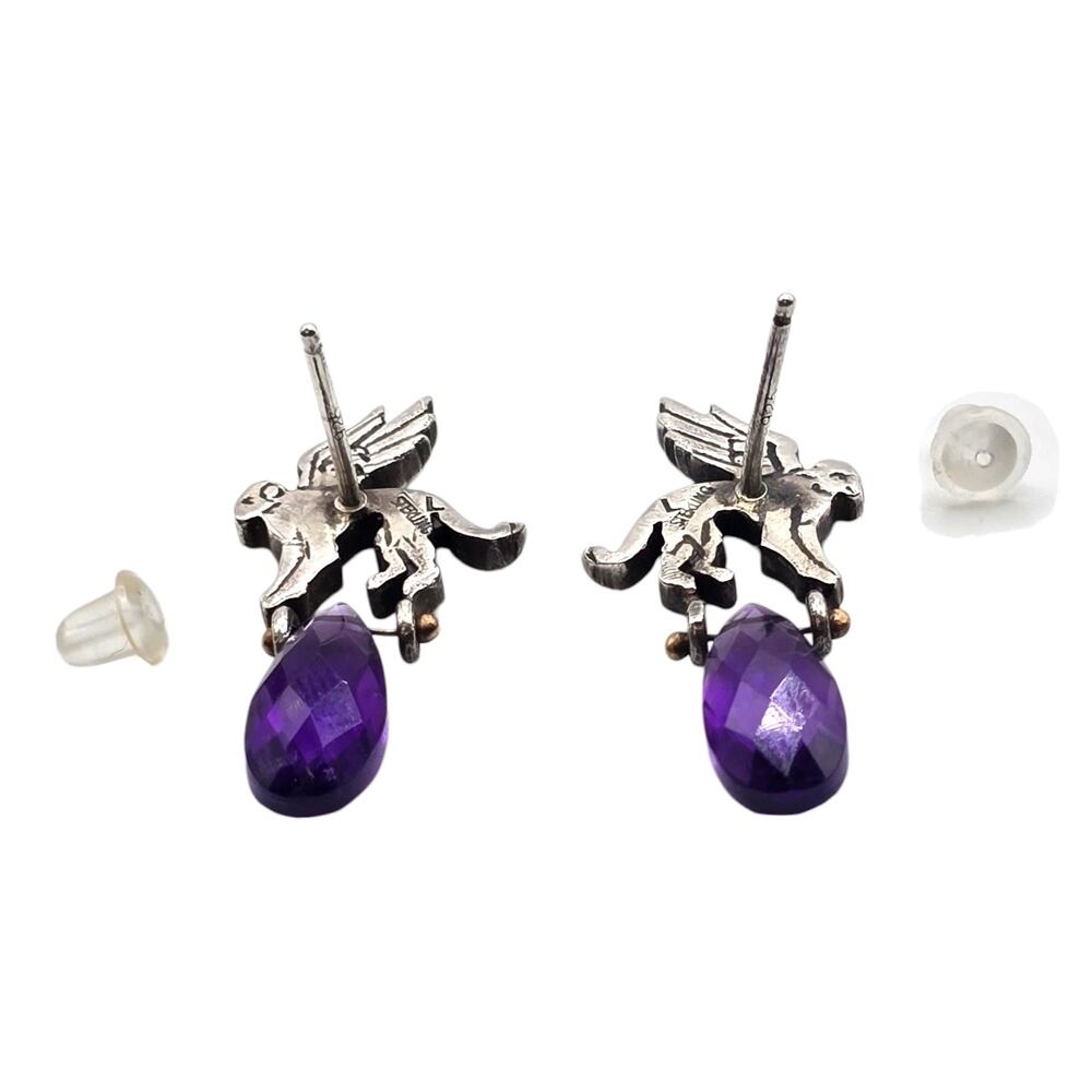 Earrings Art Deco Amethyst Monkey Cat ? Wings Sterling Small Vintage Studs S3156 - Picture 3 of 9